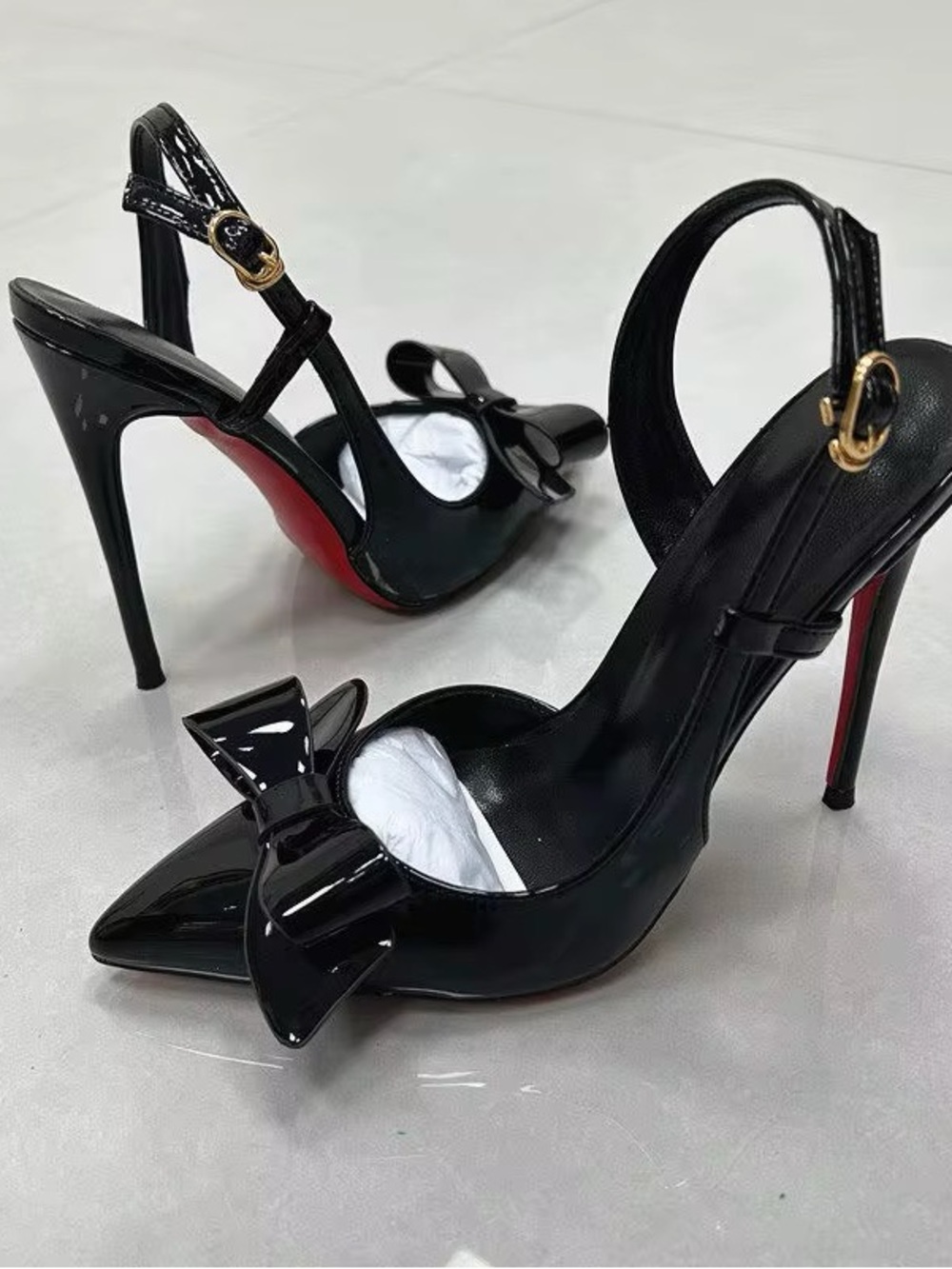 Black Patent Pointed-Toe Bow Slingback Stiletto Heels